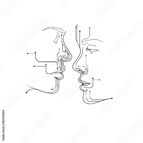 Abstract illustration of two faces connected by lines and dots in a minimalist style artwork design