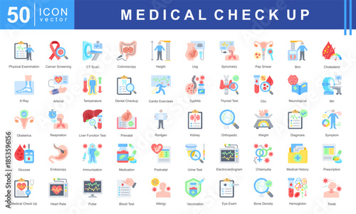 Medical Checkup icon set featuring physical exam, cancer screening, CT scan, X-ray, diagnosis, immunization, blood test, and medical history. Ideal for healthcare, clinics, and wellness services.