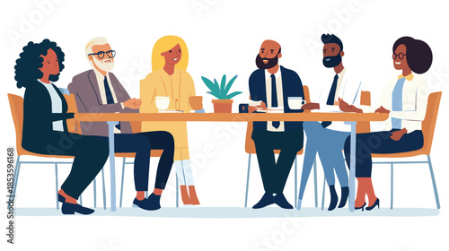 Diverse group of people seated around a table, engaged in discussion and collaboration