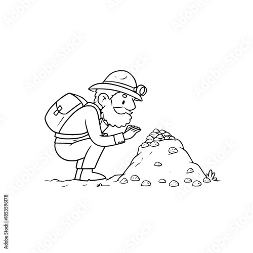 Cartoon illustration of a miner with a beard and a backpack looking at a pile of rocks with a headlamp