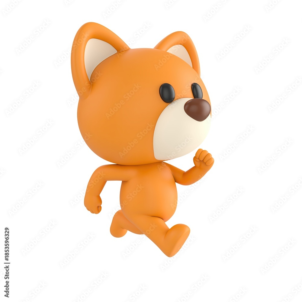 Obraz premium Cute 3D render Cartoon Dog character running energetically, dynamic and playful mascot style, isolated on white background for motion, fitness, success, and digital design.