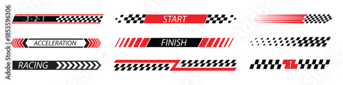 Racing cars and race car stripes icon set vector. Checkered patterns, checkered flag, start and finish line, motocross labels, motorsport, racing stripe speed symbol. vector illustration.