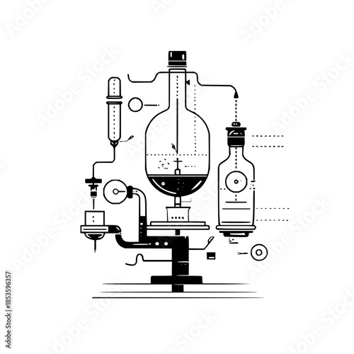 Detailed black and white illustration of chemical apparatus with flasks and various connecting tubes and vessels