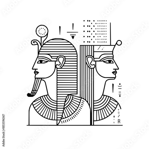 Two egyptian pharaohs in profile with traditional headdresses and symbolic elements in black and white line art