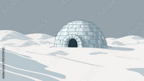 A solitary igloo stands in a vast snowy arctic landscape vector illustration