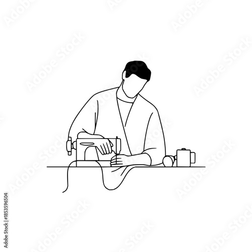 Person in robe using a sewing machine with a cup and ball on the table in a line art style