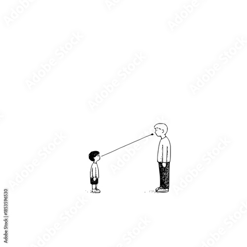 Illustration of a boy and a man connected by a line, standing on a white background, minimal style art
