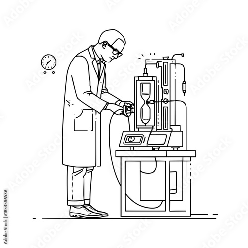 Scientist in lab coat working with complex scientific equipment and clock on the wall in black outline