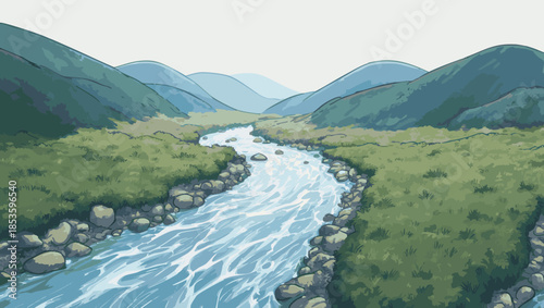 A tranquil river winds its way through rolling green hills under a soft sky