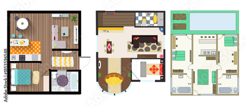 Detailed collection of diverse floor plans illustrating various apartment and house layouts