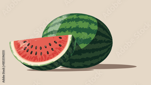 A whole ripe watermelon and a juicy red slice illustration
