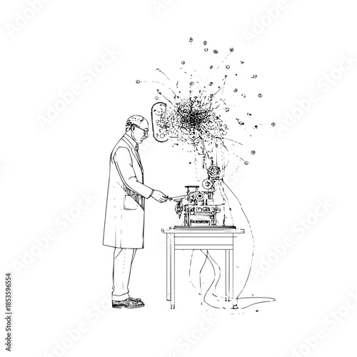 A scientist in a lab coat operating a complex machine with abstract energy particles emanating from it