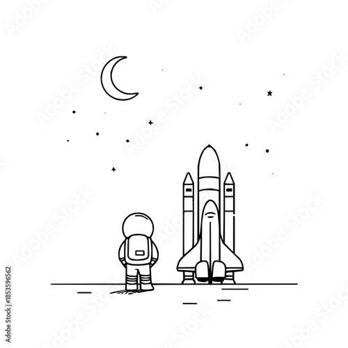 Astronaut standing near a space shuttle under a crescent moon and stars in a minimalist line drawing