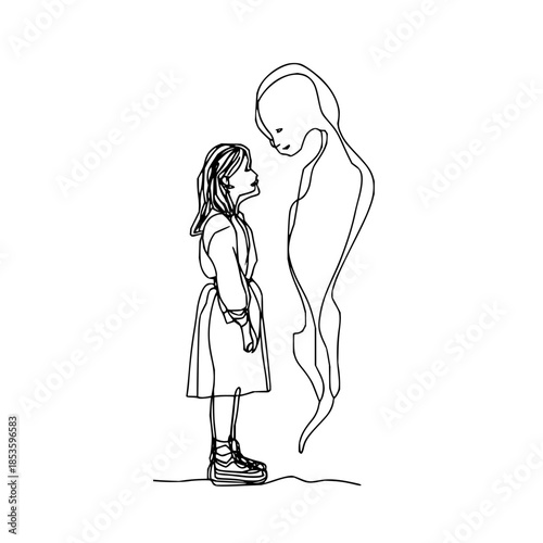 A girl in a dress and sneakers looking up at a tall, thin, abstract figure in a black line drawing