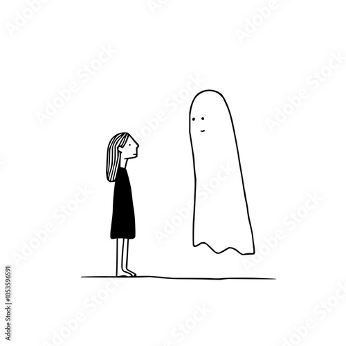 A minimalist illustration of a girl in black dress facing a floating white ghost on a white background