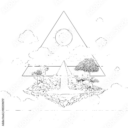 Floating island with trees and a waterfall inside a triangle with a sun and clouds in the background