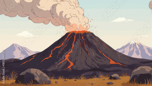 vector Active Volcano Erupting with Lava Flow and Smoke Plume