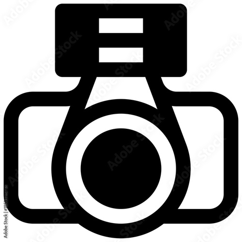 Photo camera. Outlined stroke vector icon with black-filled details.