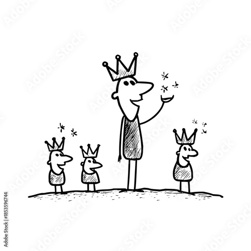 Sketch illustration showing a tall king with three smaller kings and magical sparkles in black and white