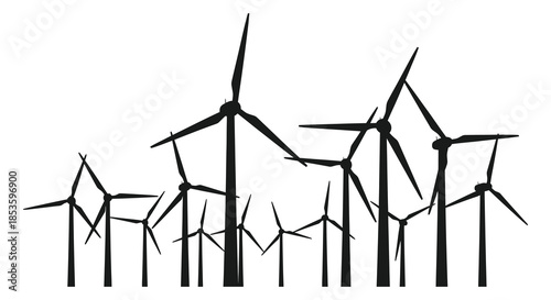 A striking view of numerous wind turbines standing tall against a bright clear sky silhouette