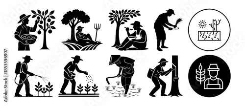 Diverse farming activities and agricultural icons illustrating various tasks of a farmer