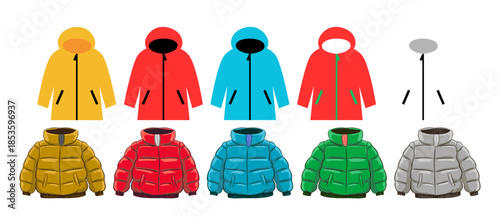 Colorful collection of hooded and puffer jackets for diverse weather conditions