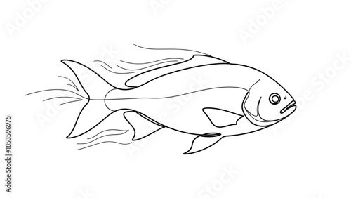High-quality black continuous line art of fish swimming smoothly underwater, aquatic life, minimalist marine illustration