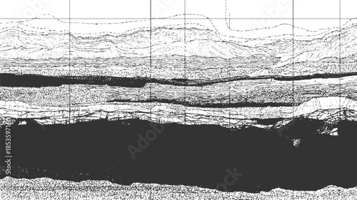 Black and white seismic data cross section with geological strata and grid lines
