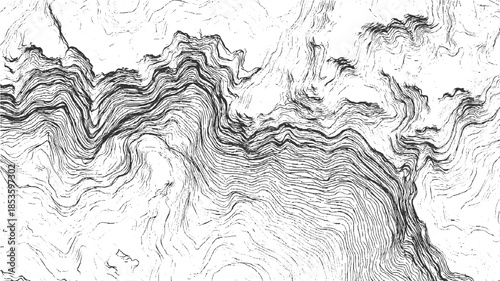Black and white contour lines forming abstract topographic map pattern background