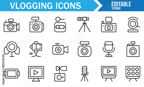 Editable outline vlogging icons on white background