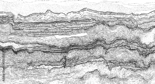 Black and white cross section of geological strata and rock formations geology
