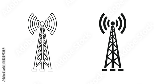 Two black and white depictions of communication towers showcase antenna technology a clear silhouette