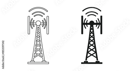 Two detailed communication tower illustrations showcase structural design and wireless technology infrastructure a striking silhouette