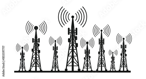 A striking black and white depiction of multiple communication towers against a plain background silhouette