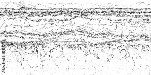 Black and white cross section of cracked earth and grassy hills ground