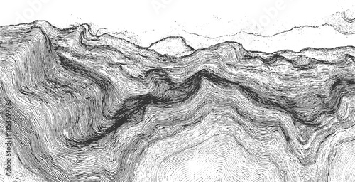 Black and white topographic contour lines depicting rugged mountainous terrain topography