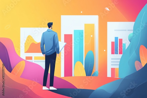 A professional analyzing colorful graphs and data in a vibrant workspace.