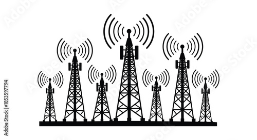 A striking view of multiple communication towers against a bright background a bold silhouette