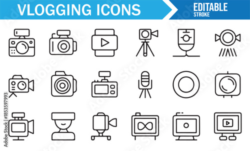 Vlogging and video blogging outline icons set