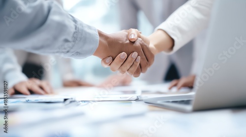 Professional handshake symbolizing partnership and agreement in a collaborative setting.