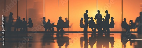 Silhouettes of people waiting at an airport during a vibrant sunset.