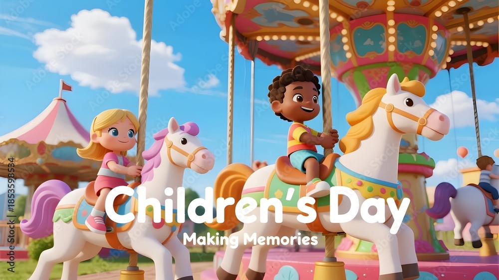 Fototapeta premium Joyful children celebrate children's day while riding a colorful carousel