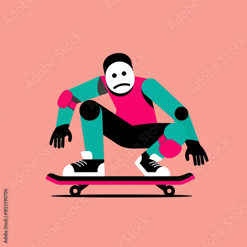Sad Skateboarder Performing Tricks on Board with Protective Gear - Illustration