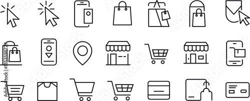 Ecommerce shopping line icon set, with cart store mobile payment location cursor bag symbols flat vector illustration isolated background