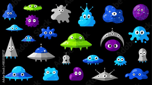 Cute Cartoon Alien Characters and UFOs with Various Expressions on a Black Background