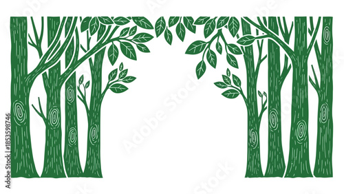 Artistic green forest archway illustration with stylized trees and vibrant foliage, ideal for natural decorative borders and elegant design