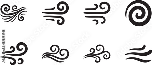   Doodle wind gradient set with air motion, swirl and blowing effects, transparent vector EPS elements.