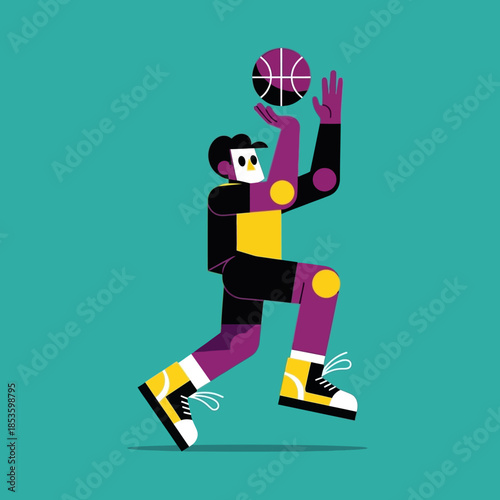 Vibrant digital illustration of a basketball player leaping high, capturing dynamic movement and athleticism
