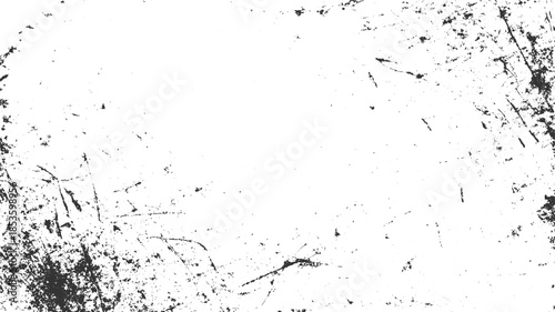 Black grunge texture with white background and scattered dark speckles and scratches