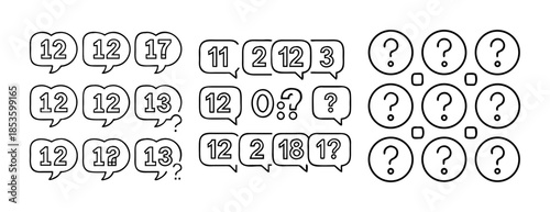 Collection of line art speech bubbles with numbers and question marks